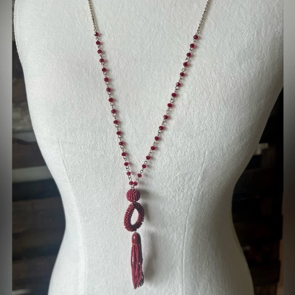 NEW! Long Gold Necklace with Red Beads and Tassel 40”